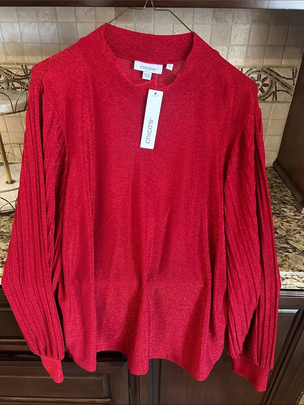 Chico's Sparkle Red Pleated-Sleeve Crew Sweater